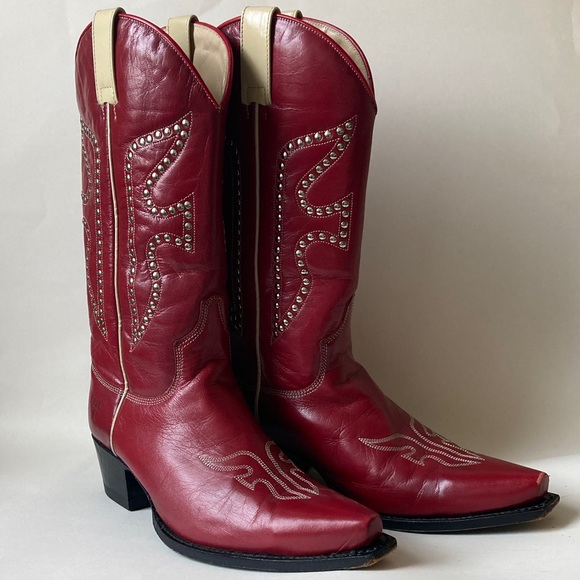 Frye Shoes - Vintage Frye Daisy Duke Studded Red Cowboy Leather Boots  Sz 9